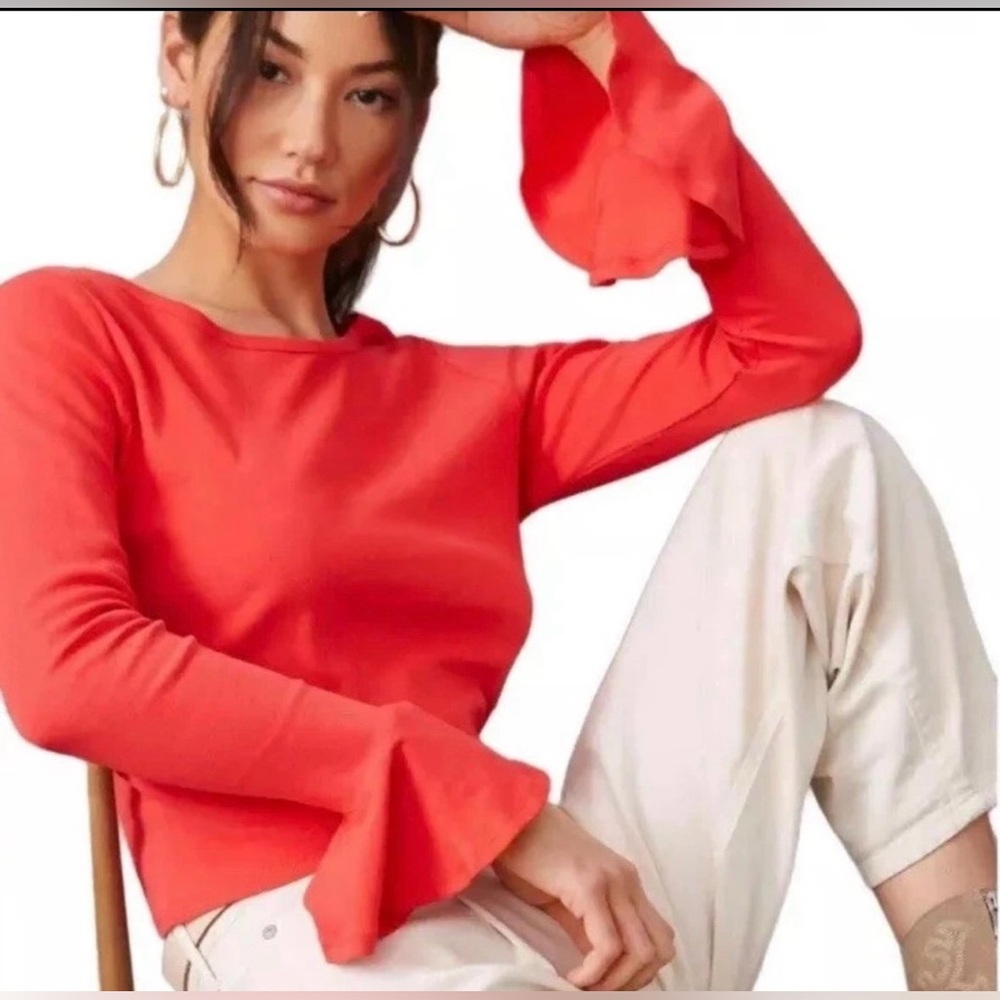 Maeve by Anthropologie Flouncy Red Long Bell Sleeve top size S